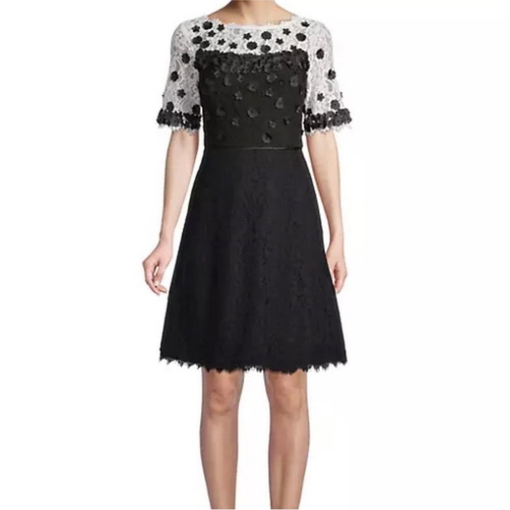 Shani Black and White Lace Floral Appliqué Fit and Flare Dress Size 12 / FR 44